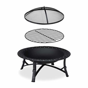 Relaxdays Feuerschale mit Funkenschutz, Garten & Terrasse, mit Schürhaken, Outdoor Feuerstelle, HxD: 52 x 90 cm, schwarz - 4